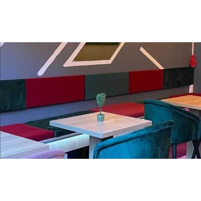 Pannellatura a muro per divanetti da bar e poltroncine contract, rivestimento in ecopelle (pelle ecologica), colori a scelta
